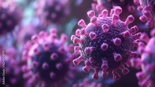 Microscopic view of a vibrant virus amidst a swirling abstract background