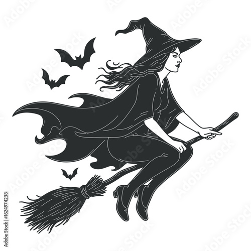 Witch on a broom fantasy vector illustration flying with a dragon silhouette