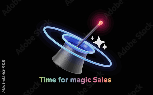 3D Render of a Magic Hat with Wand and Neon Ring for Sales Promotion.