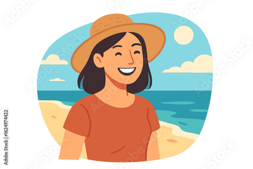 A serene woman in a swimsuit and straw hat embodies a relaxing seaside getaway, symbolizing a tropical lifestyle of leisure, travel, and sunbathing in a modern flat vector illustration of an ocean