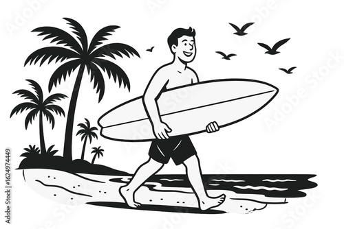 An illustration of a beach scene featuring a surfer, coconut trees, and a lifeguard tower, all rendered in a hand-drawn style