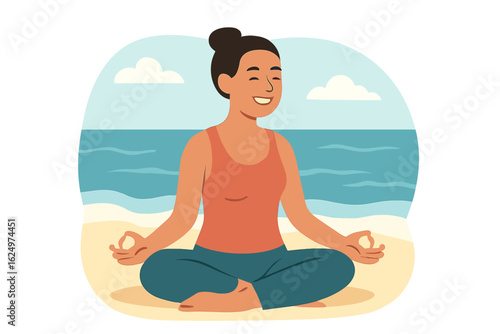 Vector cartoon illustration of a serene woman in lotus pose, practicing yoga and meditation on a sandy beach with ocean waves, embodying a peaceful summer coastal wellness retreat, mindfulness, and a