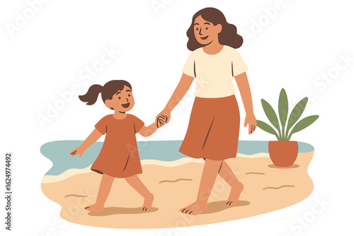 Modern flat cartoon vector illustration of a happy mother and daughter running barefoot by the sea, enjoying outdoor fun and joyful parent-child bonding on a sunny beach during summer family vacation