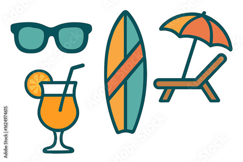 Vibrant icons with a beach theme that include sunbathing necessities, snacks, and beverages for enjoying summer at a coastal destination