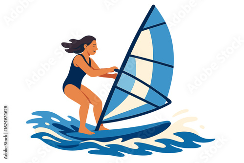 A woman is windsurfing on the water during a summer outdoor sports vacation