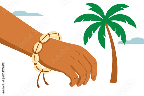 Vibrant tropical summer beach setting featuring a woman's wrist adorned with fashionable cowrie shell bracelets, an exotic bohemian jewelry accessory, depicted in cartoon vector illustration