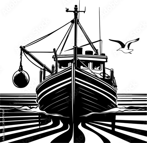 Vintage Black and White Fishing Trawler Ship on the Sea with a Seagull Flying Overhead, Classic Woodcut Style Nautical Art.