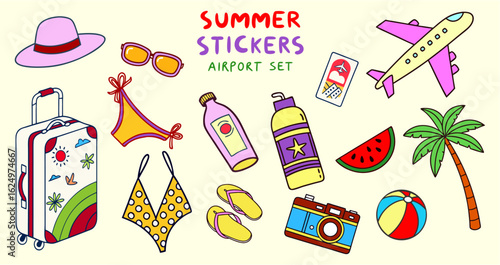 Summer sticker set. Scrapbooking collection of tropical vacation on the beach. Airplane, ticket, sunscreen, hat, bottle, sandals, bikini set, camera and other travel elements. Vector illustration.