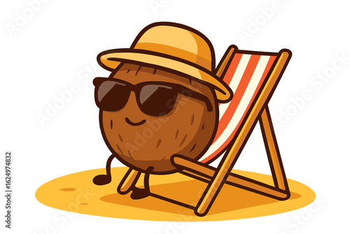 A serene coconut mascot unwinds on a picturesque tropical beach, basking in the joy of a summer getaway
