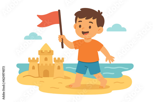 A cheerful youngster constructs a sandcastle on a bright and sunny day at the seaside