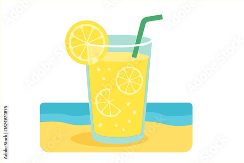 Modern flat vector cartoon illustration concept of a refreshing summer detox drink with lemon and cucumber in a mason jar on a tropical beach for hydration and health through infused water