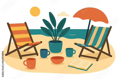 A serene poolside setting showing people unwinding with refreshments and reading material