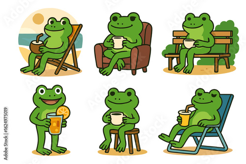 A whimsical drawing of a frog in a hoodie on the beach seamlessly merges eccentric style with the natural world, depicting a calm amphibian standing on the sand by the sea, perfect for kids' tales