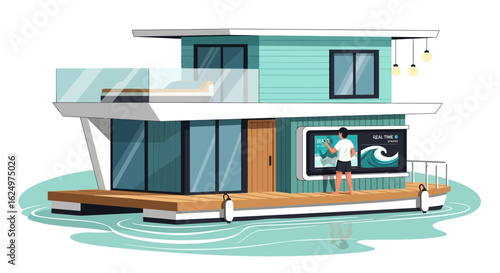 Modern Floating House On Water With Person Watching Wave Real Time