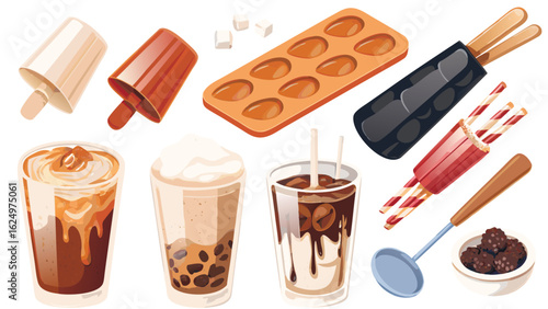 Assorted desserts and drink ingredients including molds and toppings for making sweet treats