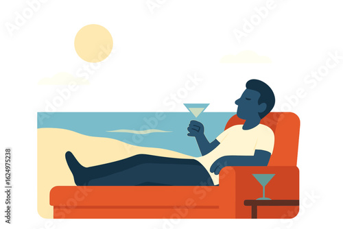 Vector illustration depicting a woman lounging by the pool, enjoying summer relaxation with a cosmopolitan cocktail