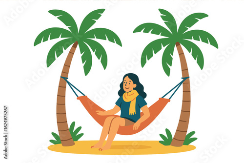 A man is reclining in a hammock suspended between palm trees on a tropical beach