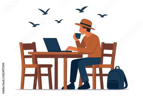 Scene of a person working on a laptop at an outdoor table with a palm tree and a scenic mountain background view