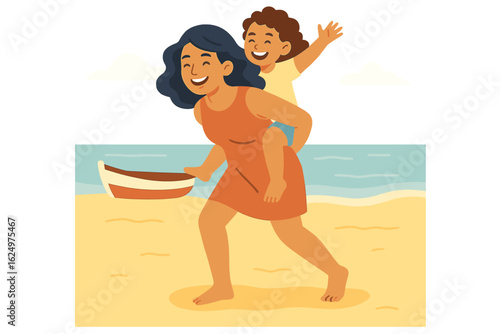 Flat vector illustration representing family love and bonding, depicting a happy mother giving her laughing daughter a piggyback ride at the beach, symbolizing summer vacation fun, parenthood joy