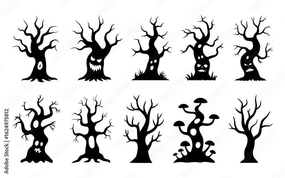 Spooky Halloween Tree Silhouettes – Creepy Bare Trees with Faces for Horror & Fantasy Designs. Spooky Halloween Tree Silhouettes – Creepy Bare Trees with Faces for Horror & Fantasy Designs.