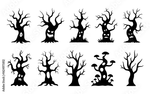 Spooky Halloween Tree Silhouettes – Creepy Bare Trees with Faces for Horror & Fantasy Designs.