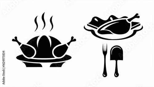 Illustration of two roasted turkeys on plates with steam and a fork and spatula on a white background silhouette