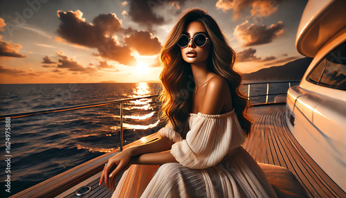 A young woman with long, flowing hair sits on a luxurious yacht at sunset, gazing over the ocean