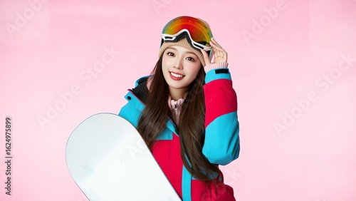 A young woman dressed in stylish winter sportswear, holding a white snowboard