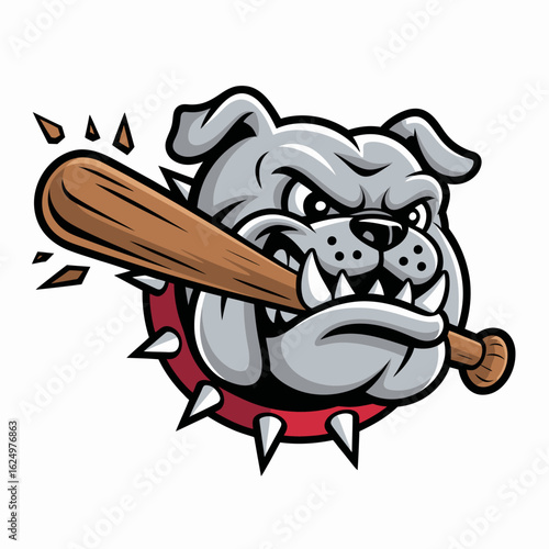 Aggressive Bulldog Mascot Holding a Baseball Bat with Spiked Collar.