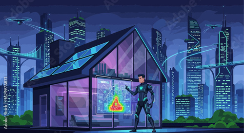 Futuristic Cityscape Featuring Smart Home With Solar Panels And Operator