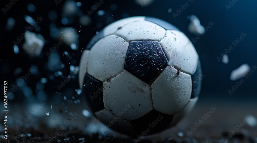 Naklejka premium Dynamic Action Shot of a Soccer Ball in Motion with Dust and Debris Flying Around