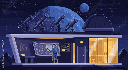 Modern Observatory At Night With Telescopes And Star Gazing