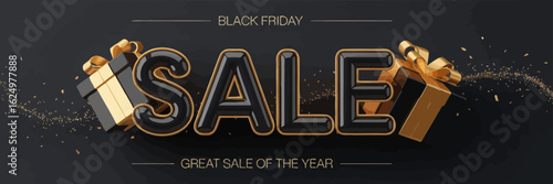 Black Friday Sale Banner with 3D Black and Gold Gift Boxes and Confetti.
