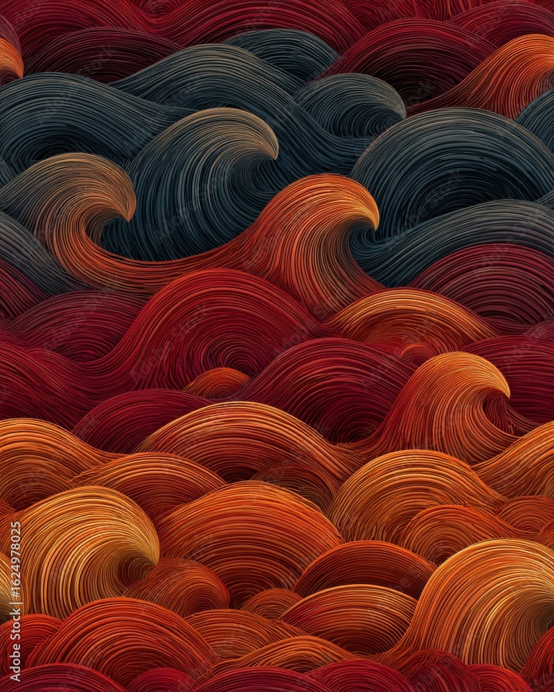Fototapeta premium Red and Gold Thai Wave Pattern with Flame-Like Curls