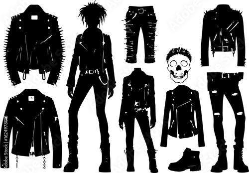 Silhouetted vector art shows a collection of punk fashion clothing on models, including jackets with studs and belts. 