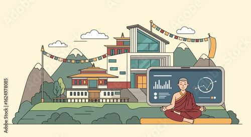 Monk Meditating With Financial Data In Front Of Bhutanese Architecture