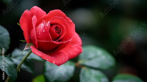 Fresh Red Rose Blossom with Dew Droplets Surrounded by Green Leaves in Nature Garden Setting