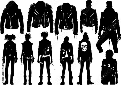 Silhouetted vector art shows a collection of punk fashion clothing on models, including jackets with studs and belts. 