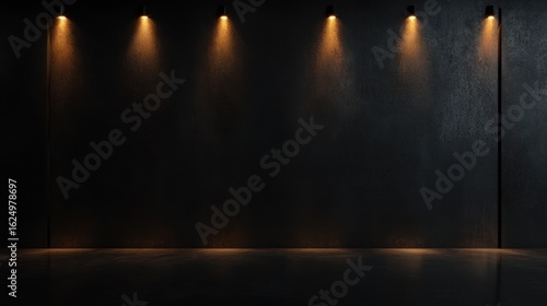 Dark, modern, minimalist space illuminated by spotlights