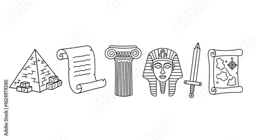 Line art illustration of ancient historical symbols including pyramid scroll and pharaoh mask