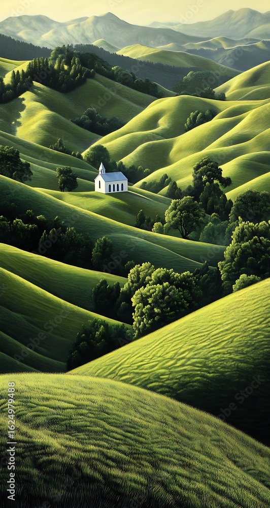 Obraz premium White church on a vibrant green hillside surrounded by lush trees and rolling terrain chapel
