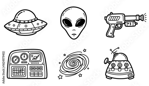 Line art illustration featuring a ufo, alien, ray gun, control panel, galaxy, and a flower robot