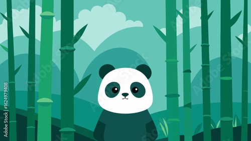 Bamboo Forest with Panda and Misty Sky Asian Landscape