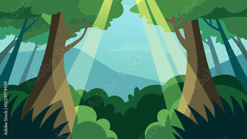 Rainforest Canopy with Beams of Sunlight and Lush Greenery