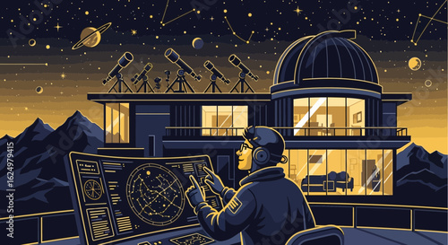Astronomer Observing Celestial Bodies And Planets With Modern Telescope