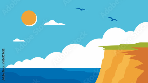 Ocean Cliff with Seagulls and Sunny Sky Coastal Landscape