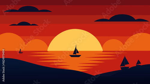 Sunset Ocean View with Silhouettes of Boats Horizon Scene