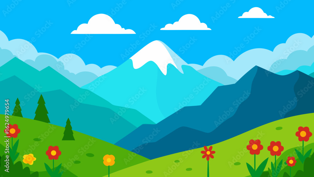 Fototapeta premium Mountain Valley with Wildflowers and Clean Blue Sky Scenery