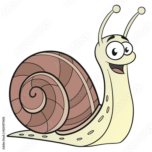 A cute and funny cartoon snail with a spiral shell smiles while slowly moving through the garden