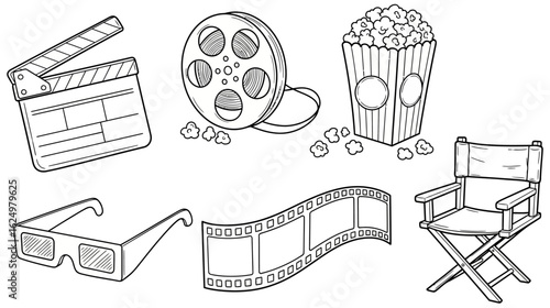 Movie elements illustration with popcorn, film reel, clapboard, chair, and glasses in black and white